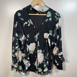 J. Peterman Cutout Ruffle Tie Neck Top Blouse Size 14 Black Floral Work Office